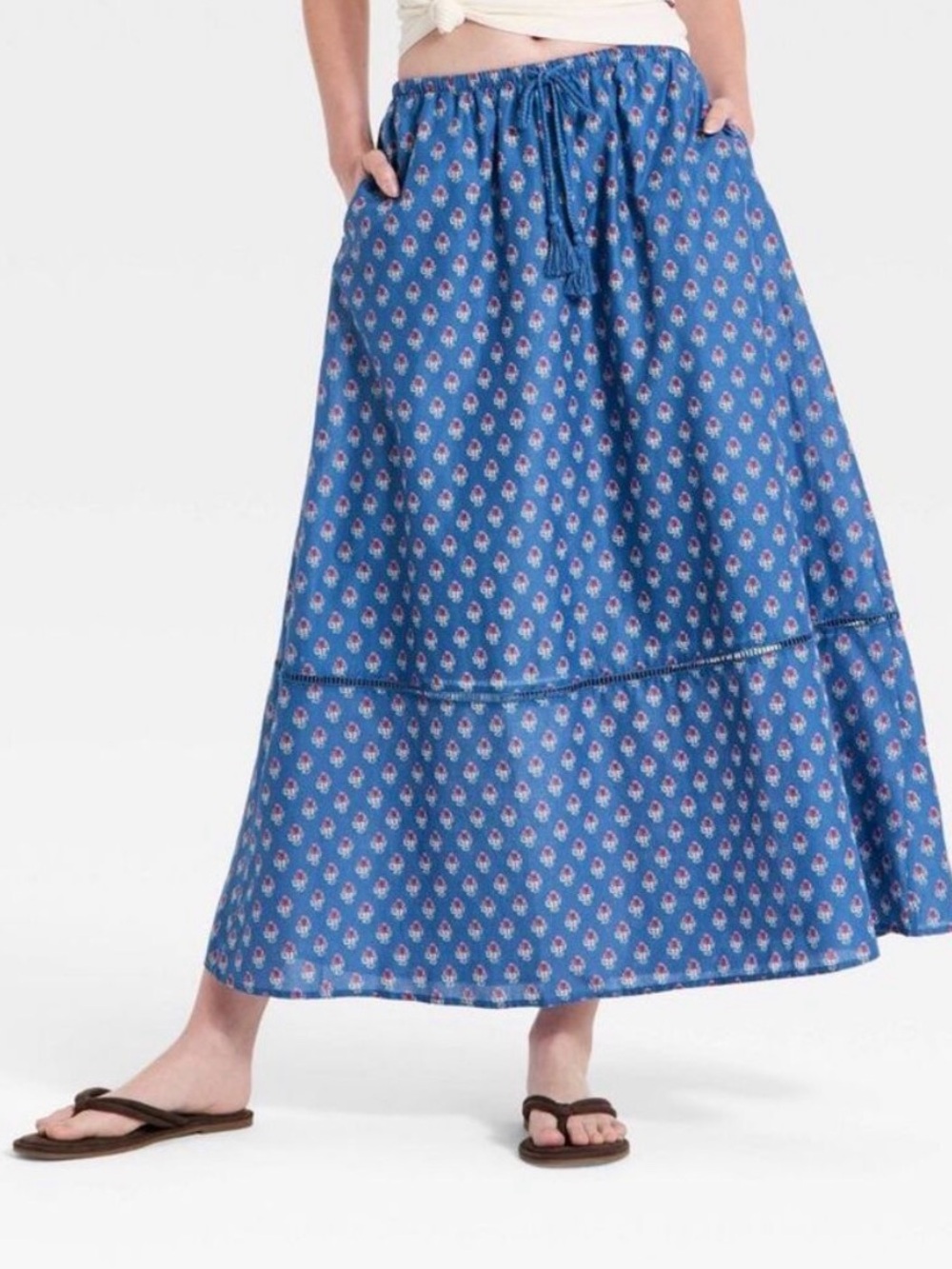 Universal Thread Blue Floral Tiered Drawstring Maxi Skirt